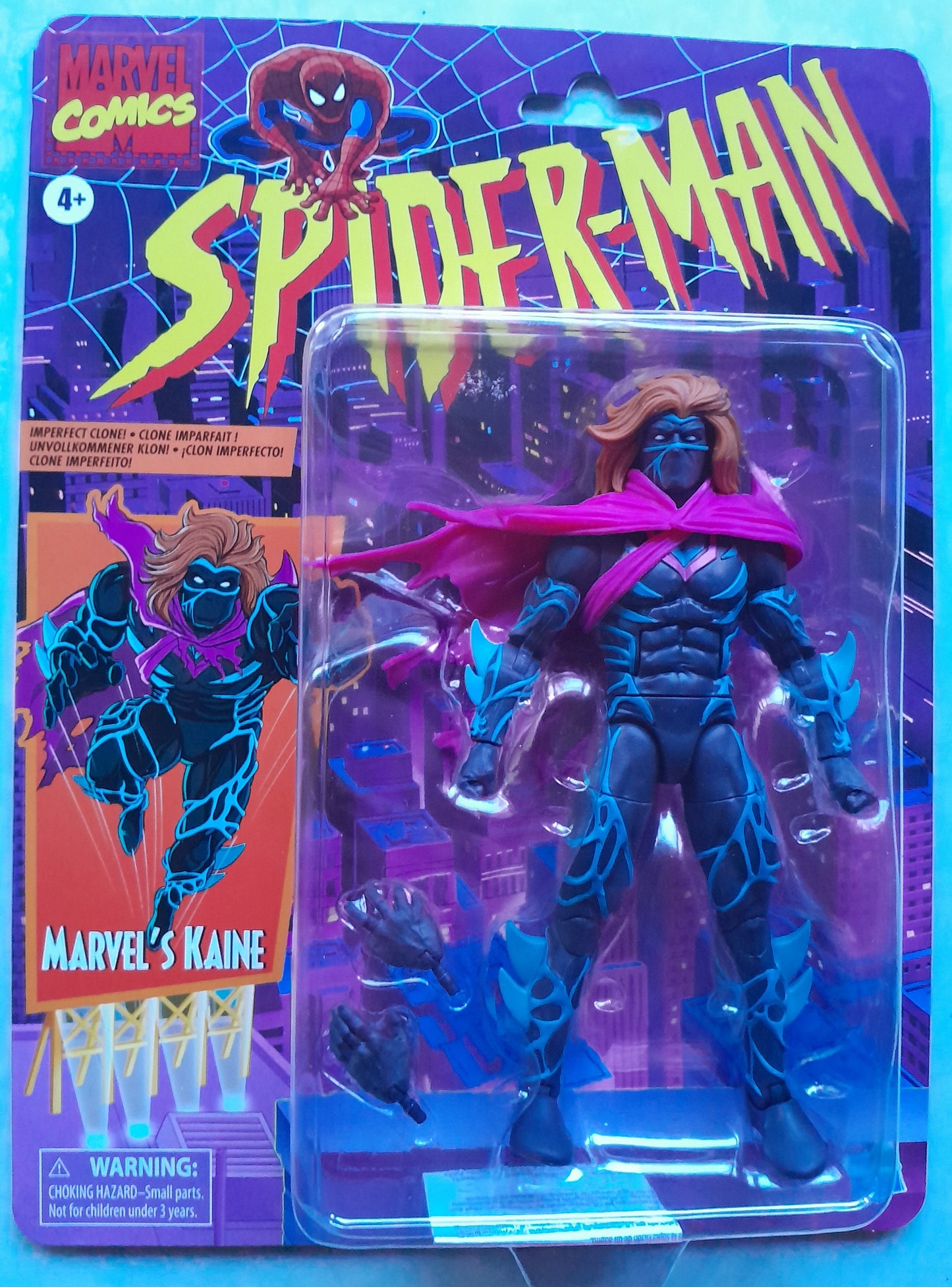 Marvel Spider-Man action figure in packaging with 'Marvel's Kaine' on a colorful background