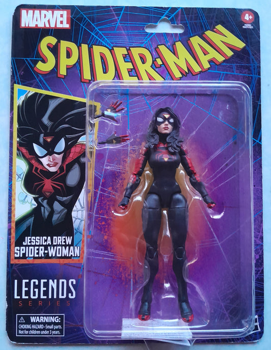 Spider-Man action figure in packaging with Spider-Woman design on a blue background