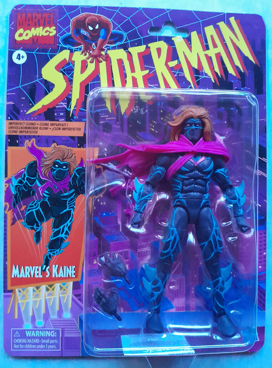 Marvel Spider-Man action figure in packaging with 'Marvel's Kaine' on a colorful background