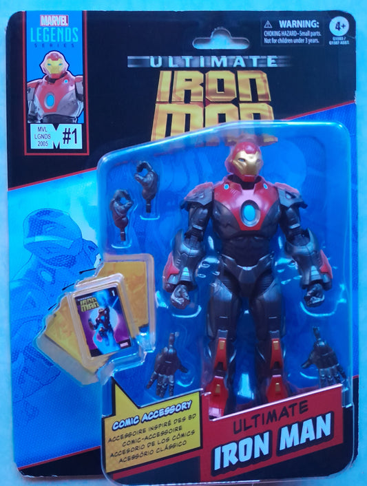 Action figure of Ultimate Iron Man in packaging with Marvel Legends branding.