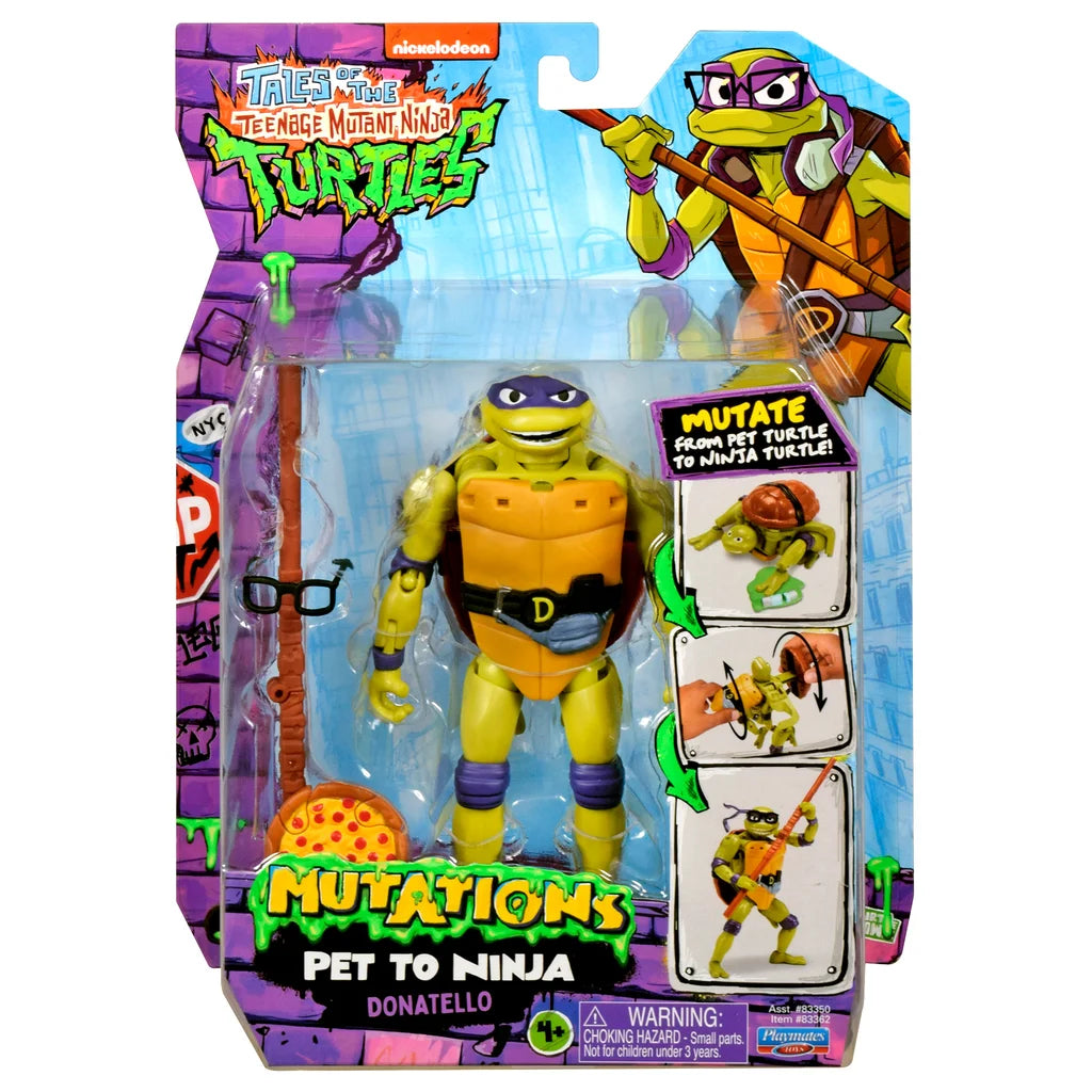 Toy figure of a turtle in packaging with 'Teenage Mutant Ninja Turtles' branding.