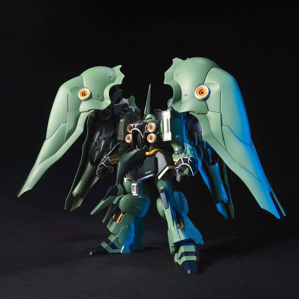 Mechanical robot model with green and blue color scheme on a black background