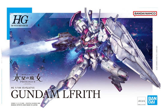 Model kit of Gundam Lfrith with Bandai and HG logos on a space-themed background