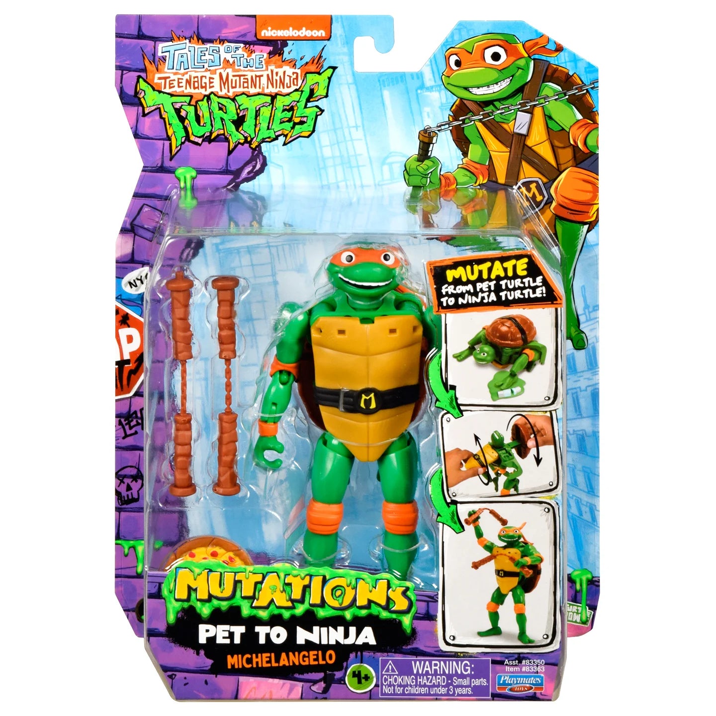 Packaged toy figure of a turtle with accessories and character cards on a colorful background