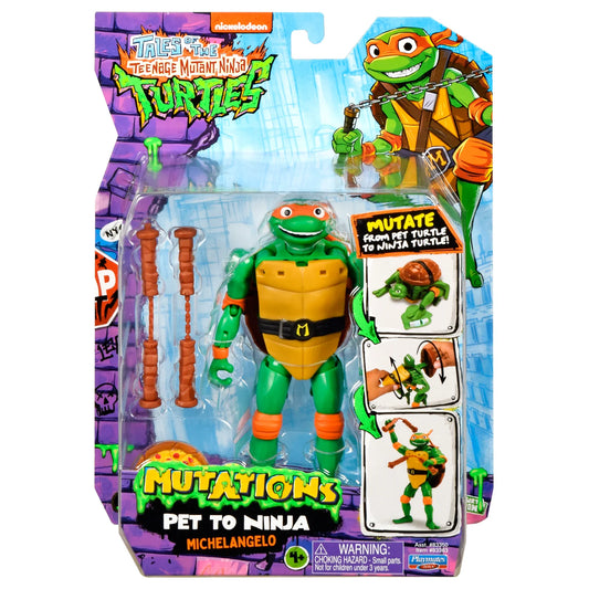 Packaged toy figure of a turtle with accessories and character cards on a colorful background