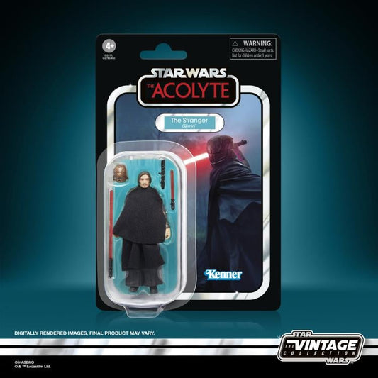 Star Wars The Acolyte action figure packaging with 'The Stranger' character on a blue gradient background.